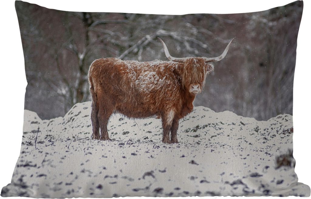 MuchoWow Outdoor Kissen - Schottisches Hochlandrind - Baum - Schnee - 50x30 cm - Wetterfest - Lounge Kissen - Sofa kissen - Wohnzimmer Dekoration