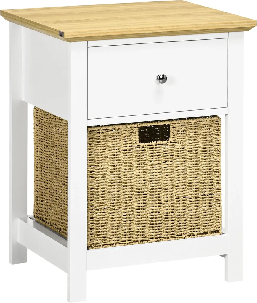 Table de nuit haute pour lit Boxspring - Déco blanc et rotin tressé