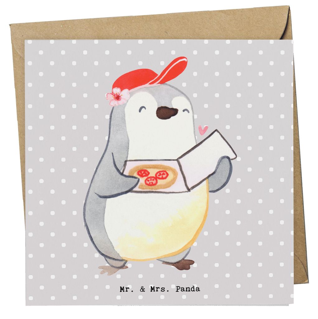 Mr. & Mrs. Panda Grußkarte Pizzabäckerin Herz - Grau Pastell - Geschenk, doppelkarte, anlasskarte, Pizza Backen, faltkarte, Klappkarte, Pizzaboti...