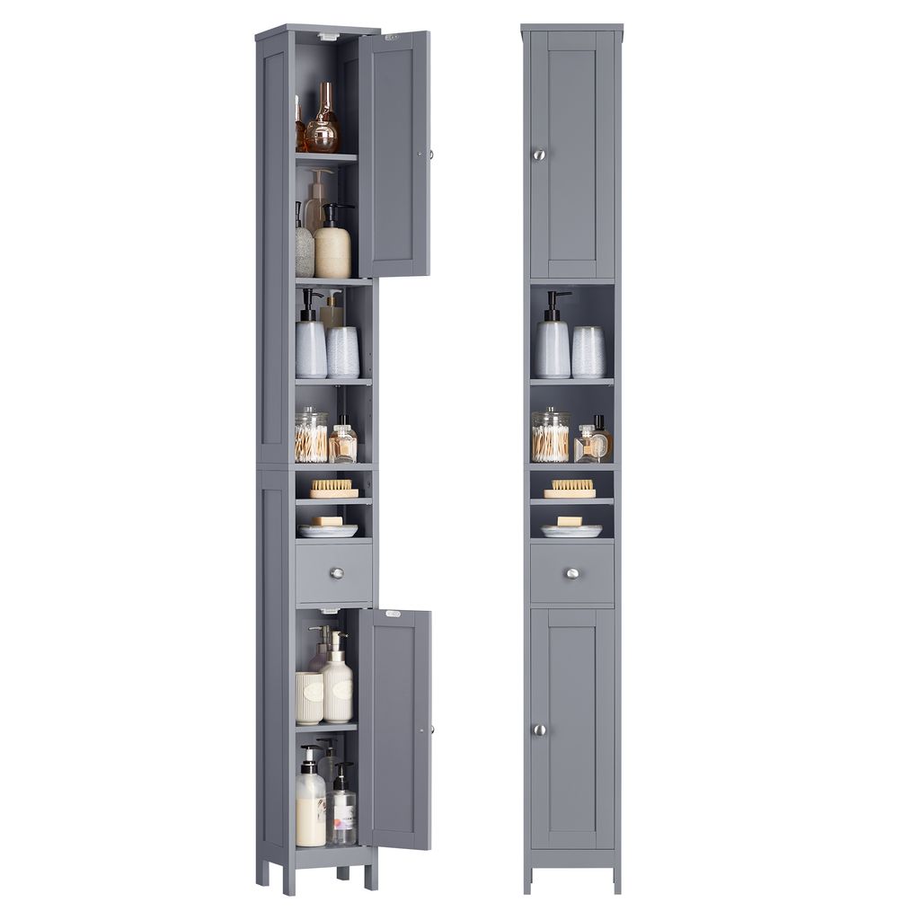 Two tall, narrow gray bathroom storage cabinets are shown against a white background. One cabinet is fully closed, while the other has its top and bottom doors open, revealing its contents.