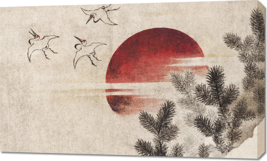 Toile Hokusai Vintage 100x60 cm : Coucher de Soleil et Oiseaux Zen