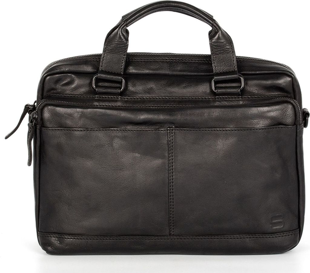SPIKES & SPARROW Leder Businesstasche Schultertasche mit Laptopfach Steven Business Bag Black schwarz