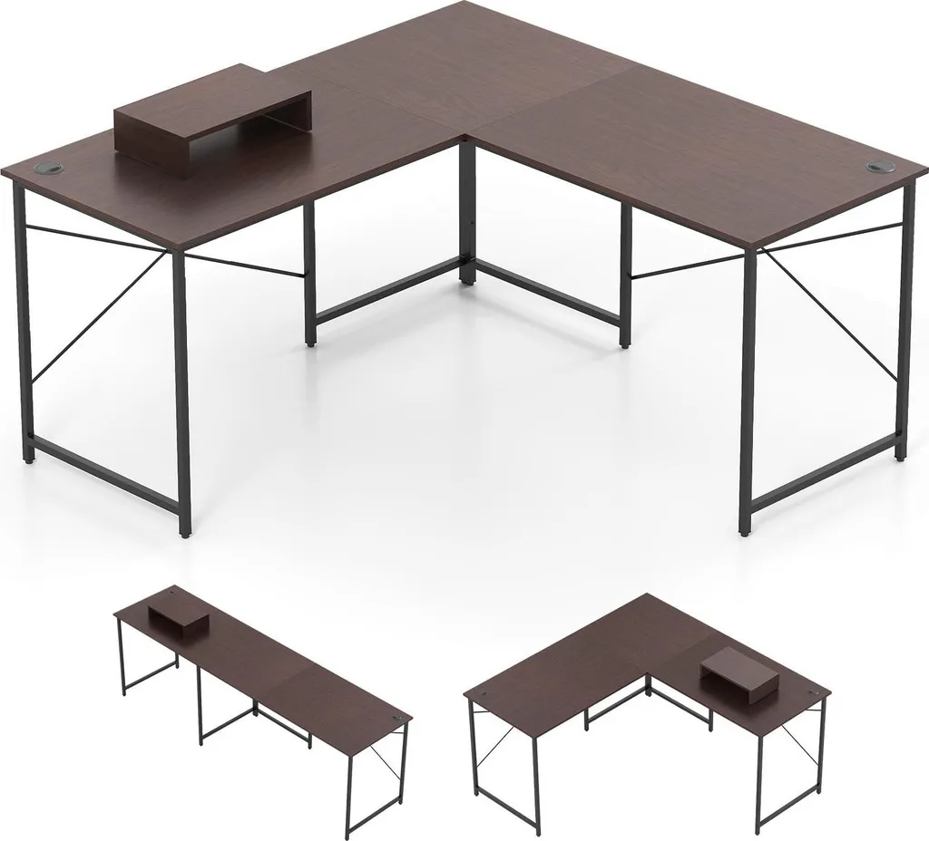 Grand Bureau d'angle réversible bois marron et prises USB intégrées LD