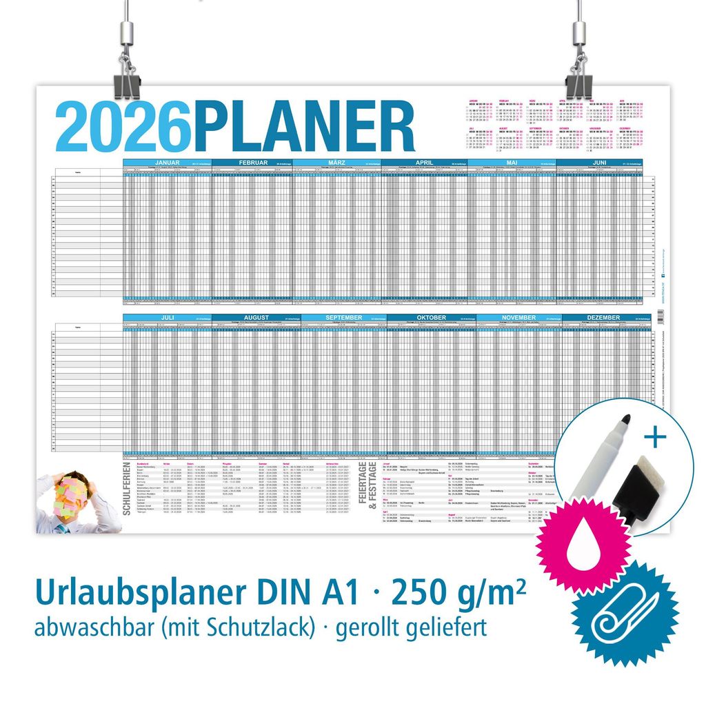 itenga Urlaubsplaner 2026 Wandkalender DIN A1 abwischbar Produktbild 