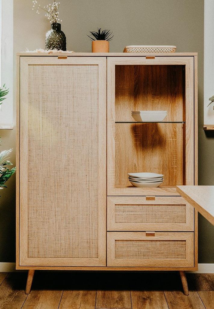 Highboard Bali | Sonoma Eiche / Rafia Geflecht | Mediterran Produktbild 