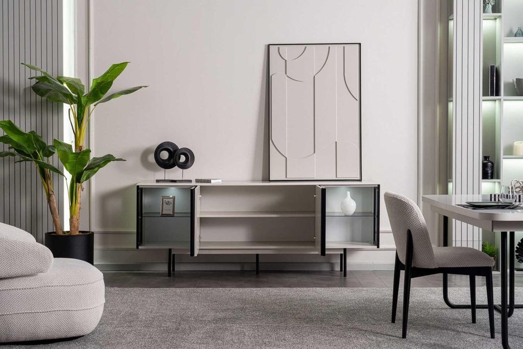 Esstisch Stühle Sideboard Stil modern Farbe weiß schwarz neu quadratisch