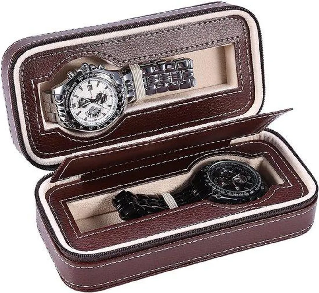 Boîte montre noire 2 slots en similicuir - Doublure velours et compacte