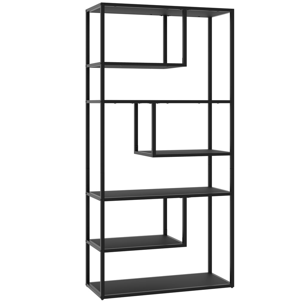 A tall, narrow black metal bookshelf with an abstract, geometric design.