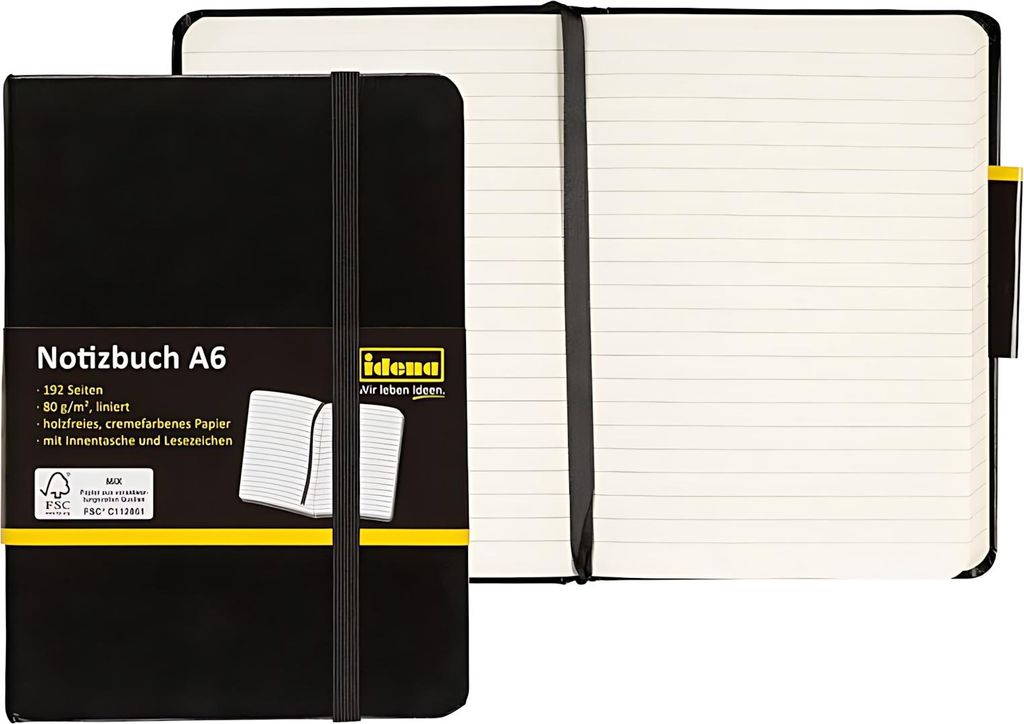 Idena Notizbuch 80g/m² liniert schwarz DIN A6 192 Seiten