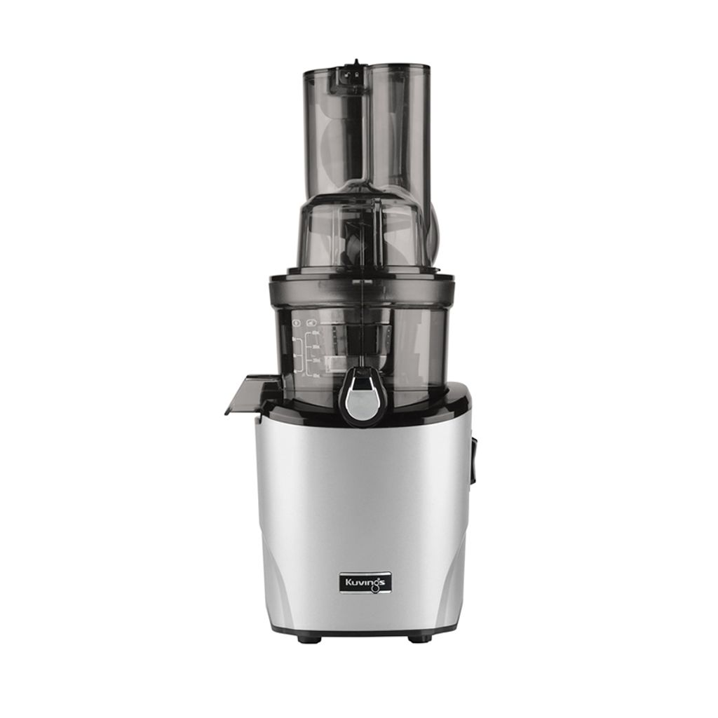 A silver and black Kuvings slow juicer is shown against a white background.
