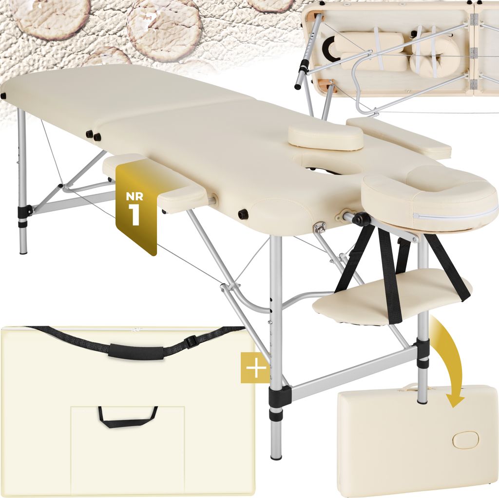 A collage of images showing a massage table and its accessories, including a carrying case.