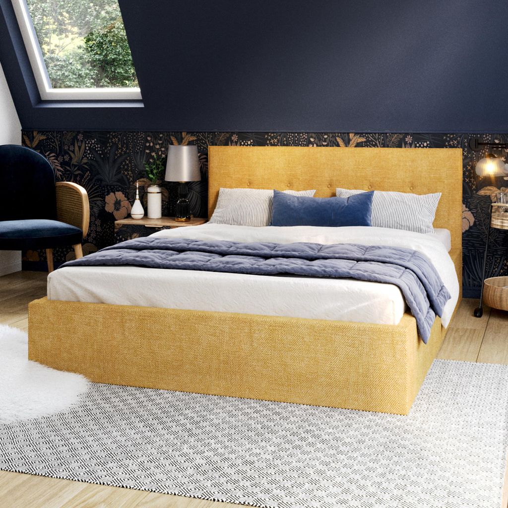 FDM Bett BOHO Ottawa 120x200 cm Polsterbett mit Lattenrost aus Metall Bettkasten Stauraumbett honiggelb