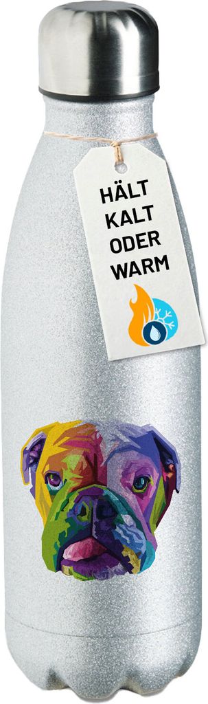 Huuraa Trinkflasche Englische Bulldogge Colorful 500ml Silver Edelstahl Wasserflasche Trinkflasche Geschenkidee