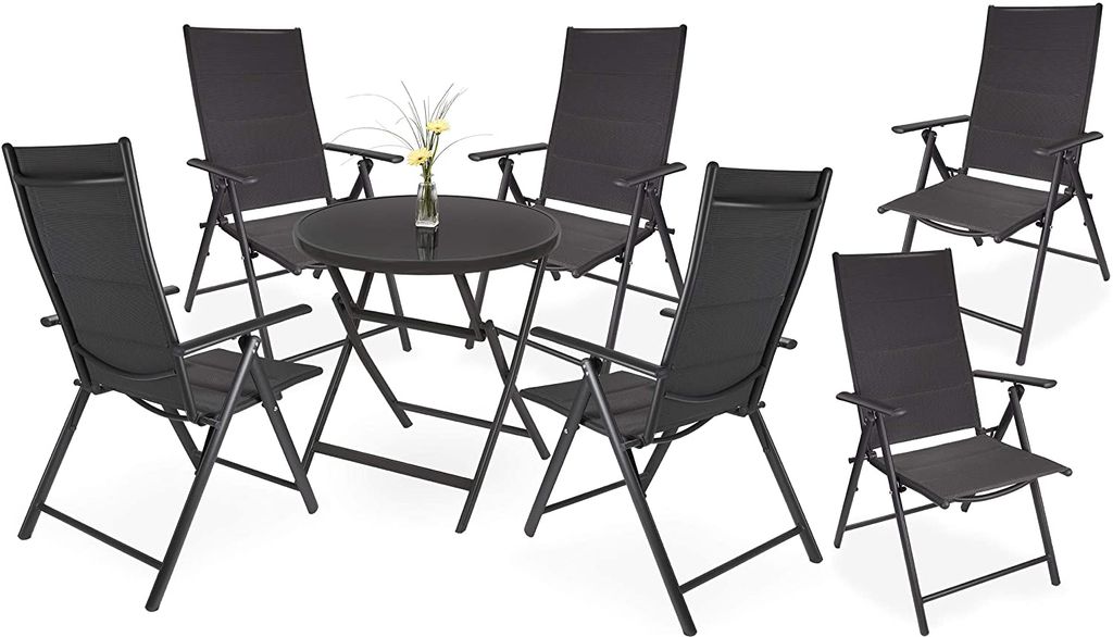 Brubaker Garten Sitzgruppe Riva - 1 Glastisch Klapptisch rund 70 cm Ø mit 6 Hochlehner Stühlen - Wetterfest - Anthrazit