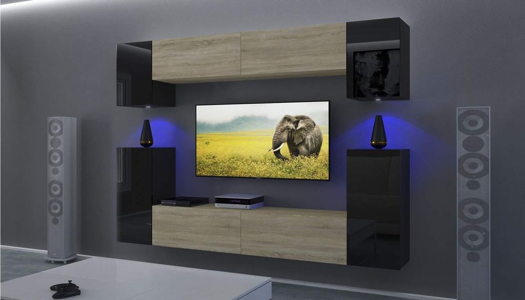 Furnitech Wohnwand Wohnzimmer - Wohnzimmer Möbel mit LED RGB - 16 Farben - Hängend Wohnwand Modern - Wohnzimmer Schrankwand mit Regale und TV Sch...