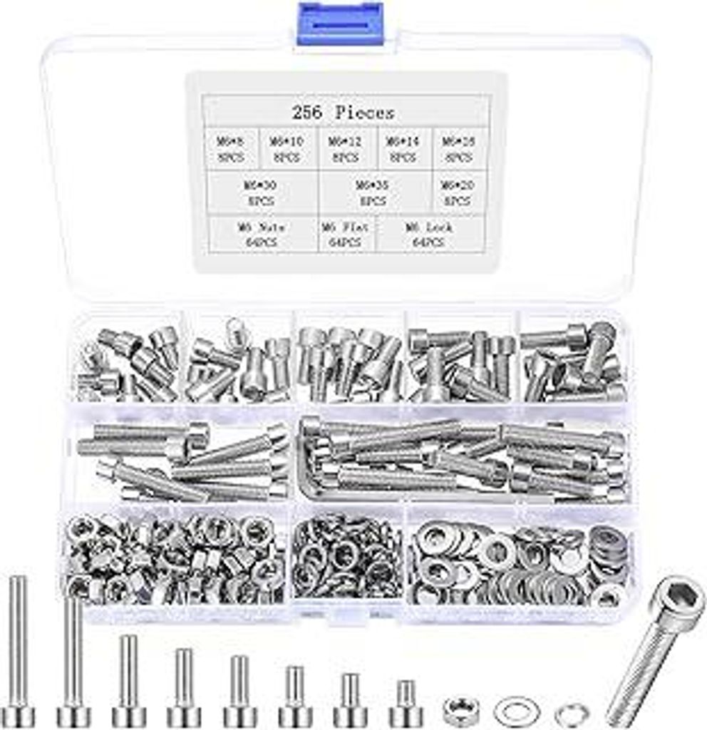 256 Stück M6 Schrauben Set, Edelstahl Sechskantschrauben Muttern Set, Zylinderschrauben mit Innensechskant Schrauben mit Muttern und Unterlegschei...