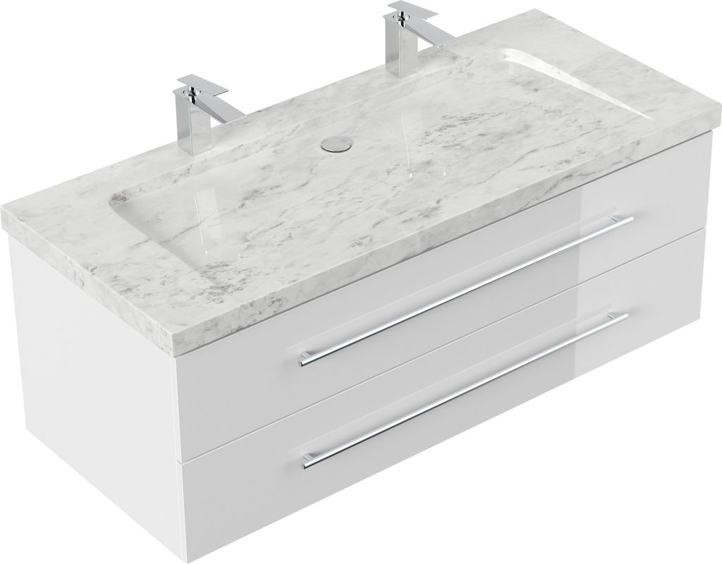 Badmöbel Marmor Carrara White YAMO 130 cm 2 Hahnlöcher SoftClose weiß hochglanz
