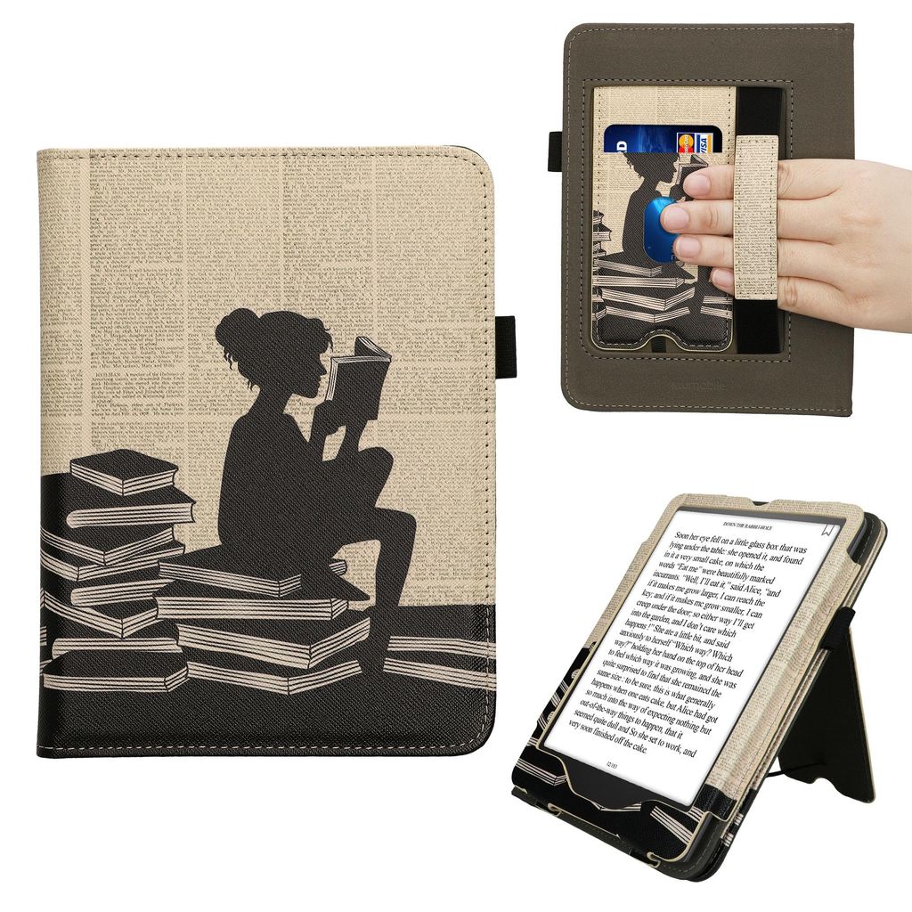 kwmobile Flip Cover kompatibel mit Amazon Kindle Paperwhite (2024)/Colorsoft - Hülle mit Handschlaufe Lesende Frau Schwarz Beige