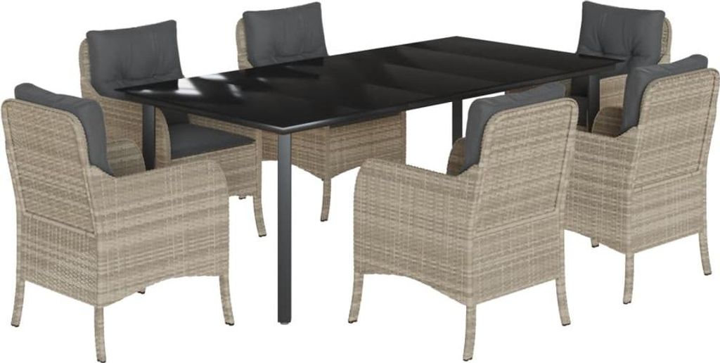 vidaXL 7-tlg. Garten-Essgruppe mit Kissen Hellgrau Poly Rattan