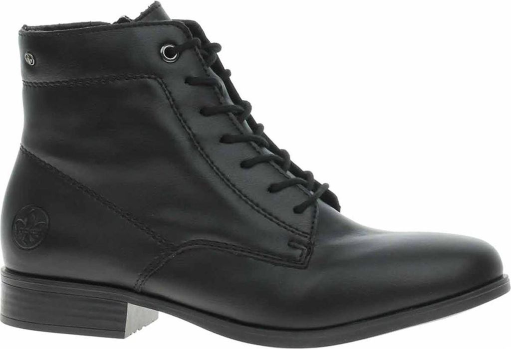 A black leather lace-up ankle boot is shown from the side against a white background.