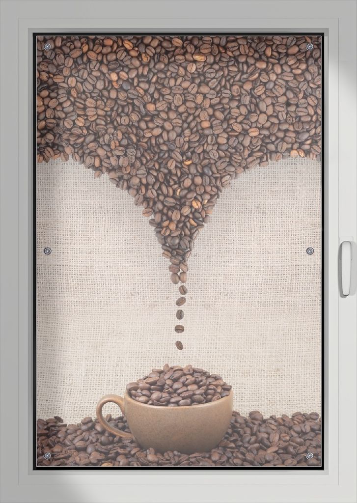 Wallario Lichtschutzbild, Dekorativer Sichtschutz Sonnenschutz 76 x 115 cm mit Motiv: Tasse mit Kaffeebohnen - Kaffeedesign - Verdunklung ohne Bohren