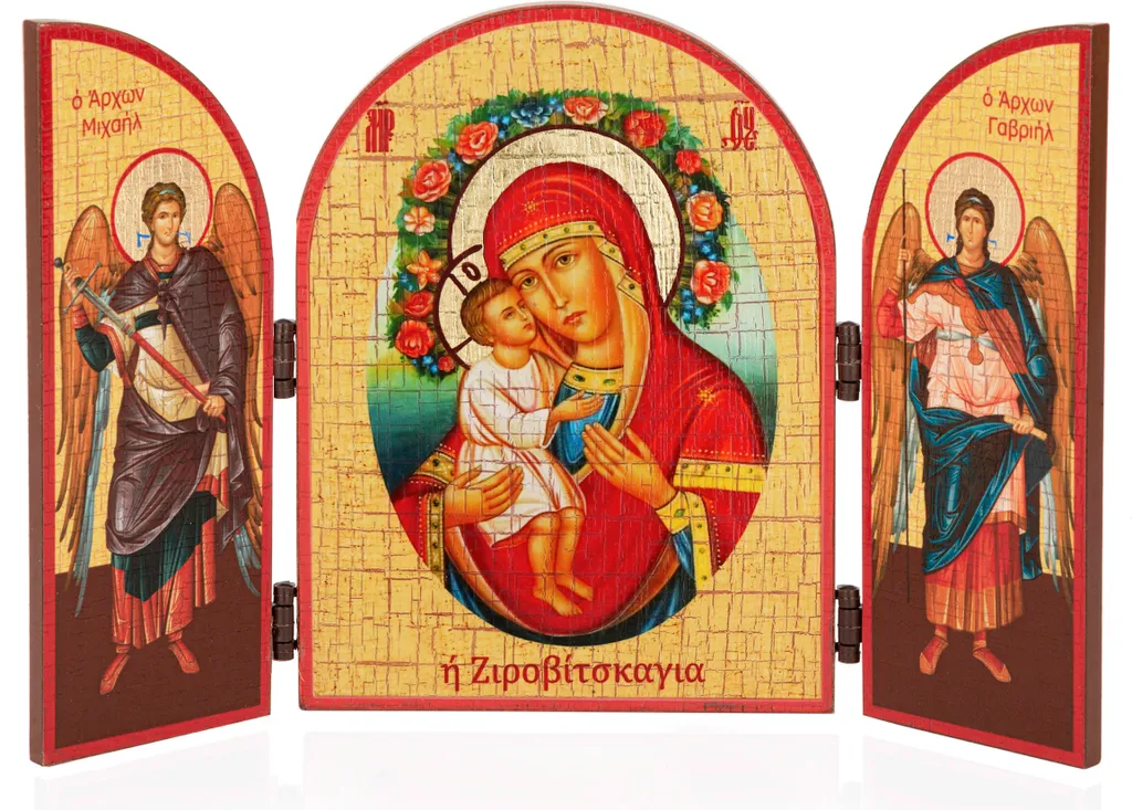Icône Triptyque en Bois de Zhirovizkaja avec Finition Traditionnelle