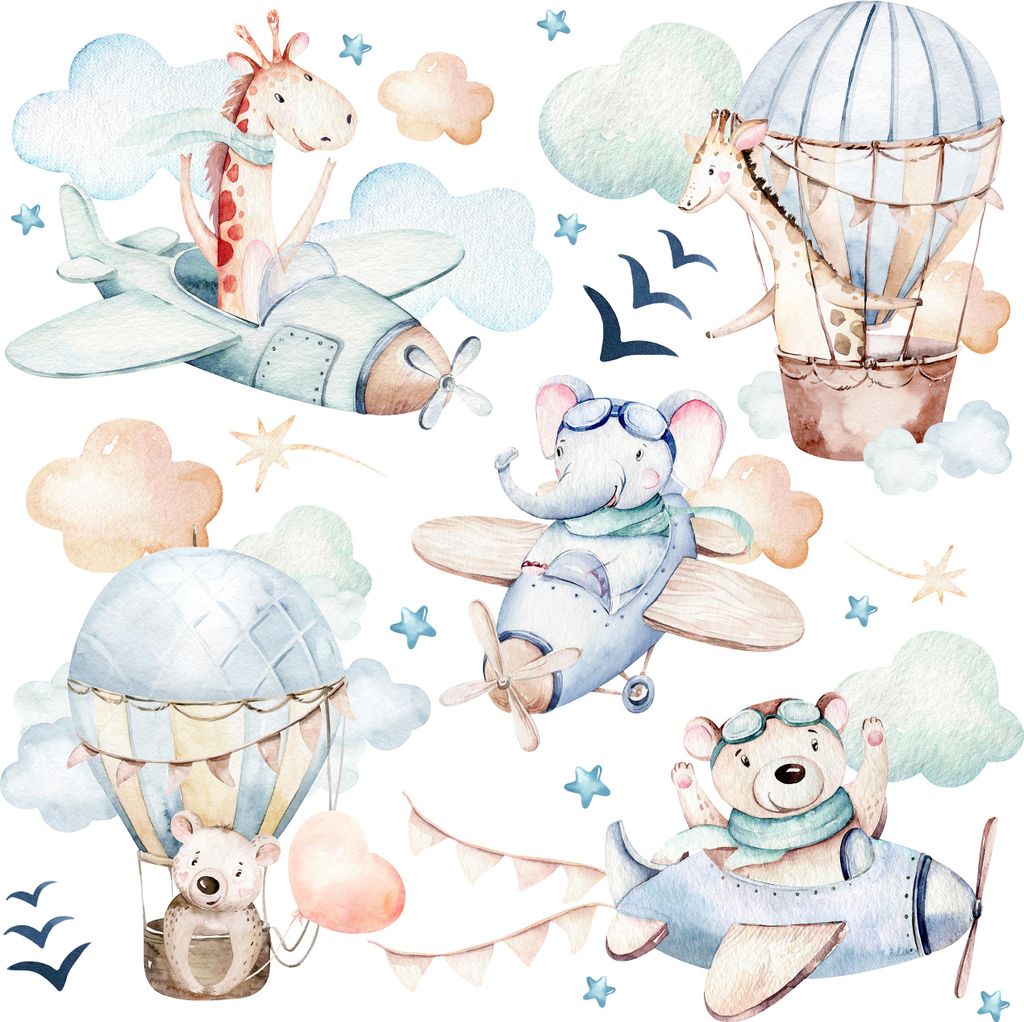 Muralo Wandsticker Set für Kinderzimmer TIERE Wolken Sterne 60x30 cm Wandaufkleber Wandtattoos Set für Baby