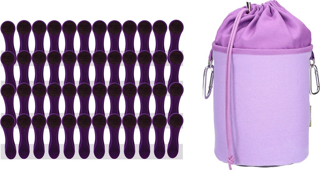trendfinding 48 Wäscheklammern Lila Edelstahl, 1 Canvas Wäscheklammerbeutel Flieder