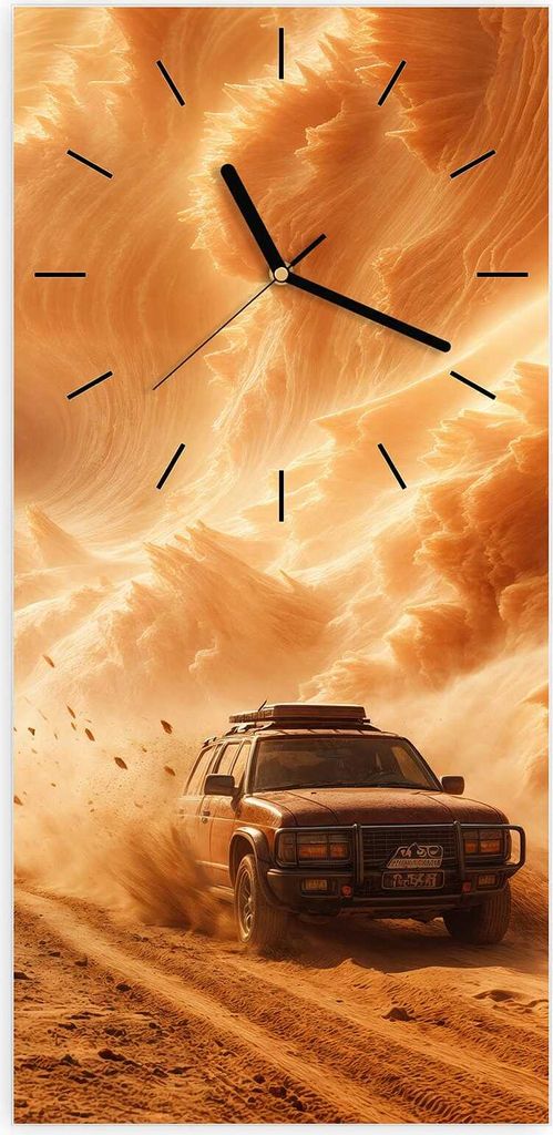 Wanduhr aus Glas mit Motiv Sandsturm Jeep Abenteuer- 30 x 60 cm - inkl. Aufhängesystem