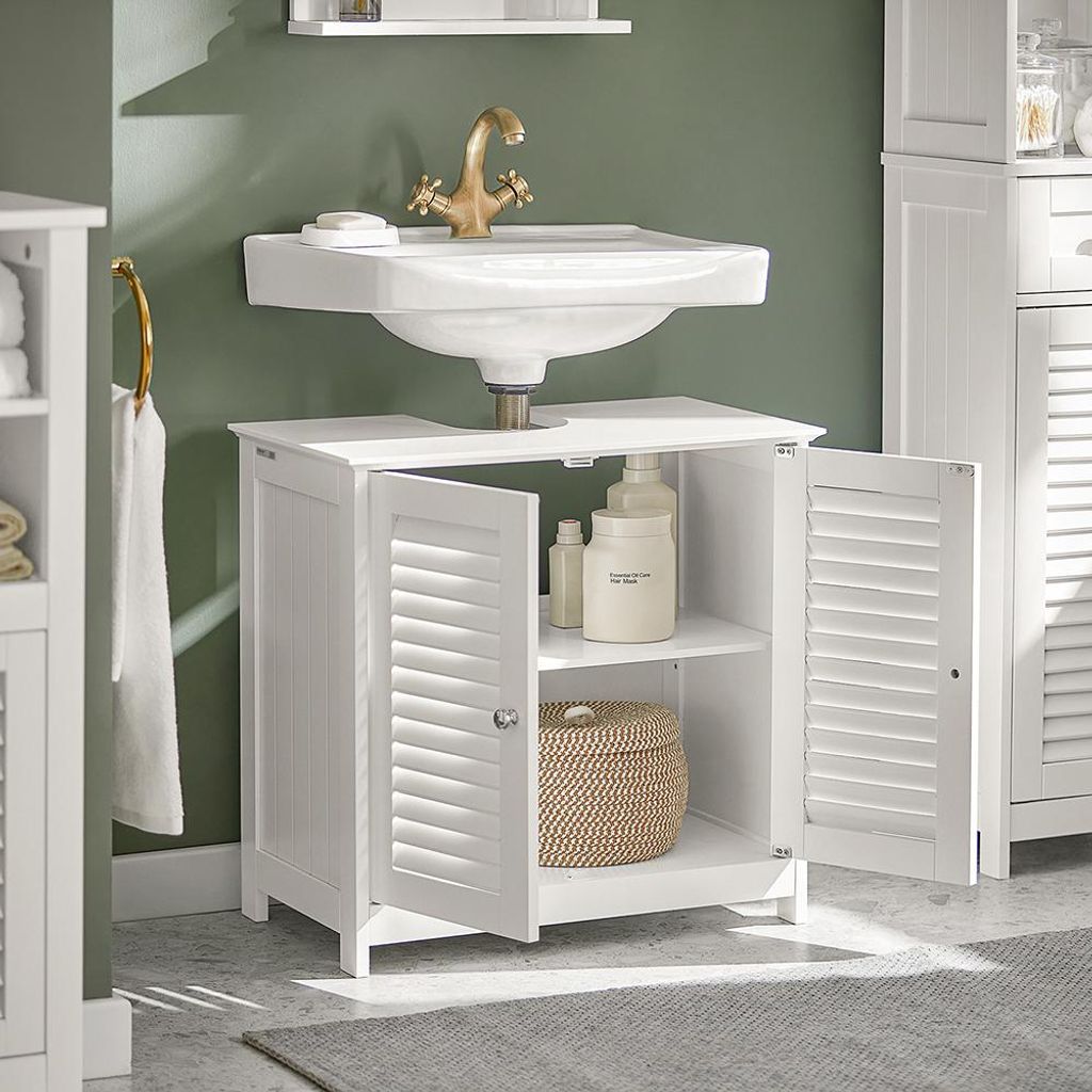 SoBuy Waschbeckenunterschrank Badschrank mit verstellbaren Regalböden Badmöbel aus MDF Unterschrank für Badezimmer Anti-Schimmel Lamellentür FR...