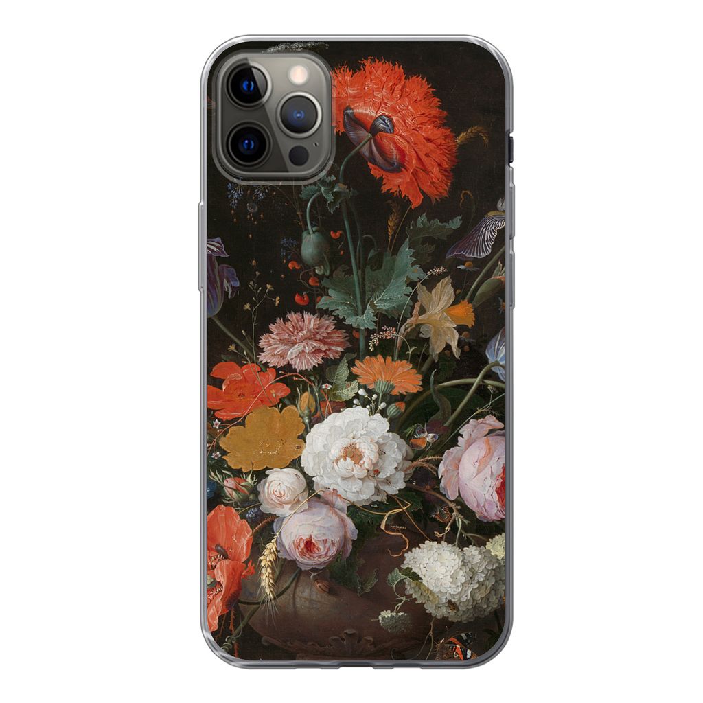 MuchoWow Handyhülle Schutzhülle Hülle für iPhone 12 Pro Max Stilleben mit Blumen und einer Uhr - Gemälde von Abraham Mignon Silikon Softcase...