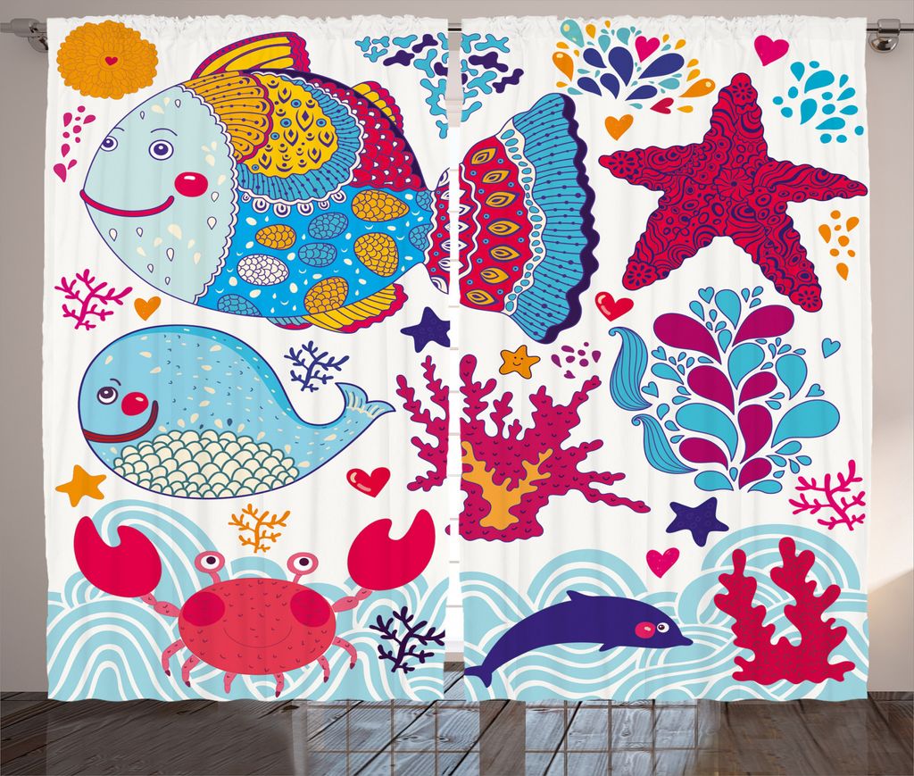 ABAKUHAUS Kids Rustikaler Vorhang, Cartoon Marine Ozean Leben, Wohnzimmer Universalband Gardinen mit Schlaufen und Haken, 280 x 225 cm, Mehrfarbig