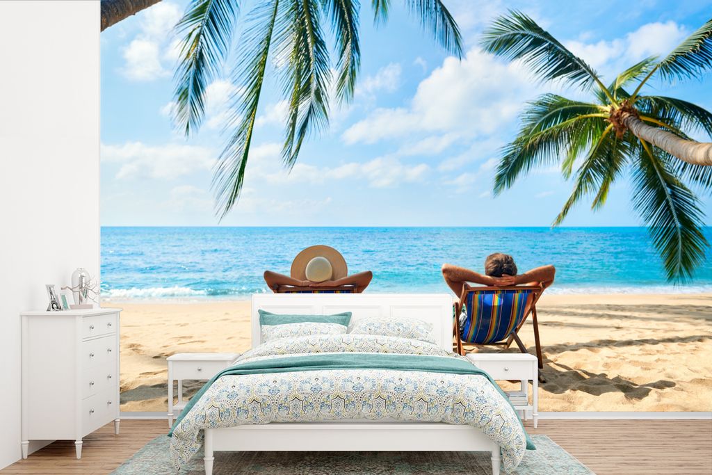 MuchoWow Fototapete für Wohnzimmer oder Schlafzimmer Wandtapete Vinyl Motivtapete Strand - Sommer - Palmen - 420x280 cm - Zimmer für Kinder