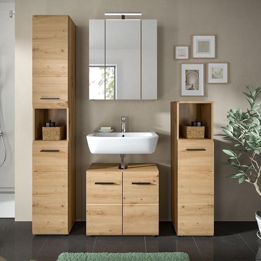 Badmöbel-Set 4-teilig in Eiche, inkl. Spiegelschrank mit LED-Beleuchtung - IGGESUND-158