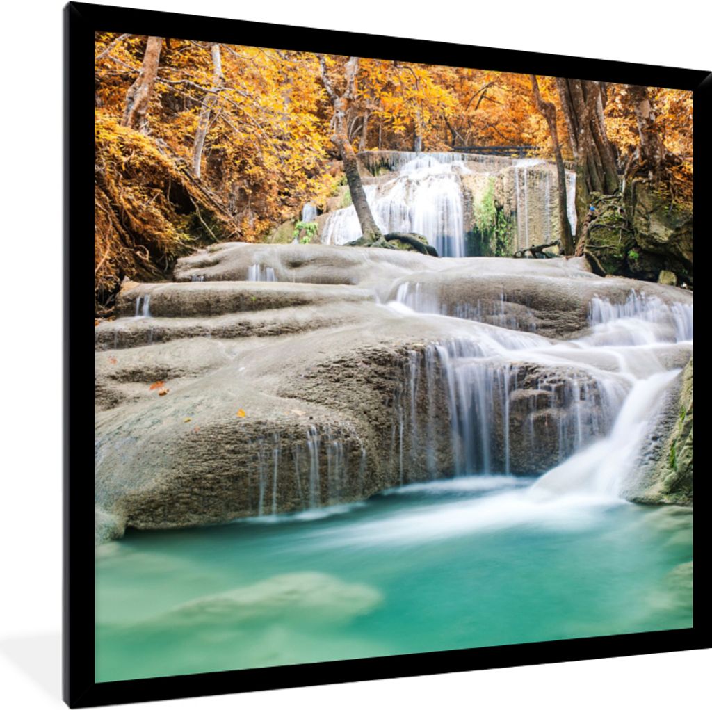 MuchoWow Gerahmtes Poster Wald - Wasserfall - Herbst 40x40 cm - Poster mit Schwarzem Bilderrahmen Wandposter Rahmen Foto Bilder - Mit Rahmen - Wa...