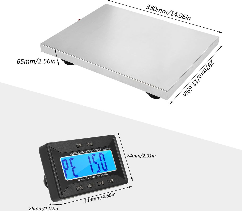 Versandwaage 450kg/992lb Heavy Duty Postwaage Edelstahl mit drahtloser Anzeige/Tara/3 Einheiten Digitale Briefwaage für Pakete/Postamt/Haus