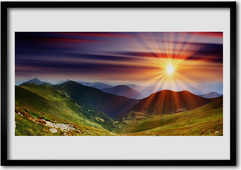 Bild 70x50 MDF-Rahmen Wandkunst Sunset Berglandschaft