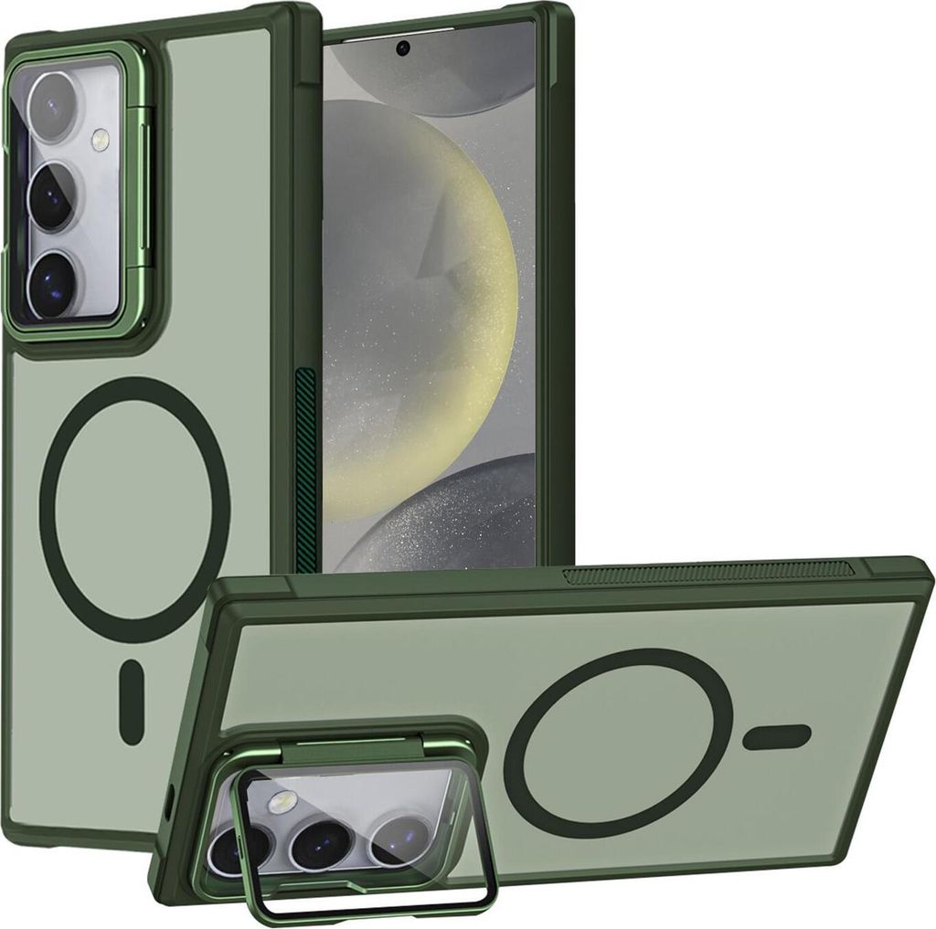 Conie MagSafe Schutzhülle für Samsung Galaxy S25 Plus Hard Case Kunststoff Kamera Schutz Cover Hülle magnetisch mit Ständer in Grün