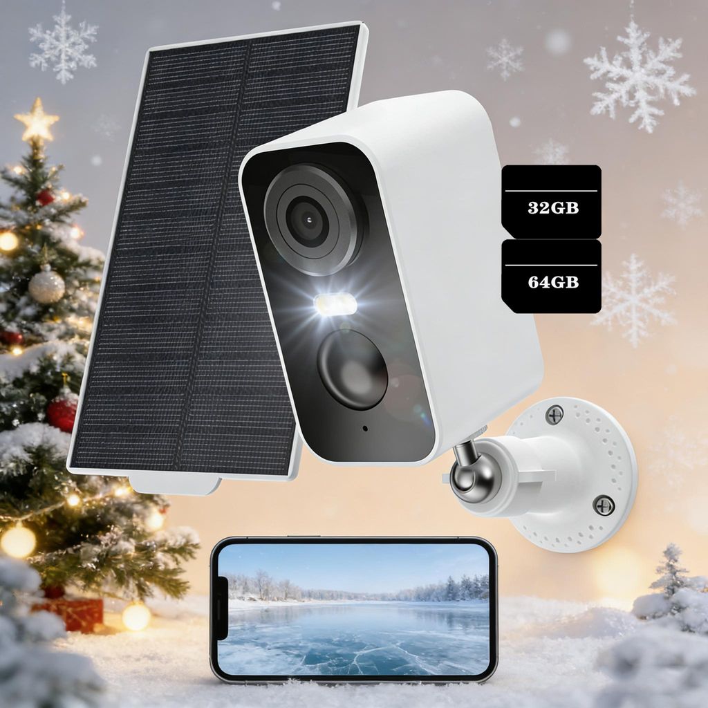 2K 3MP Überwachungskamera Aussen Solar mit PIR Bewegungsmelder,Farb-Nachtsicht 32&64GB