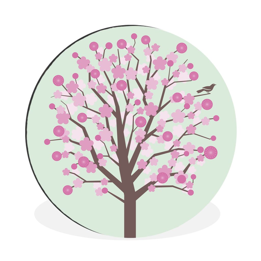 MuchoWow Aluminium Wandkreis Illustration eines Vogels auf einer Kirschblüte Ø 30 cm Wanddeko Modern Wohnzimmer - Wand Bild - Wohnzimmer - Rund...