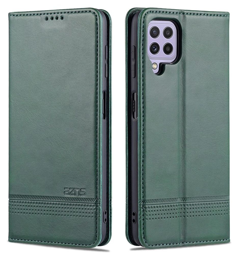 A green leather flip case for a Samsung Galaxy A22 4G phone is shown from two angles.