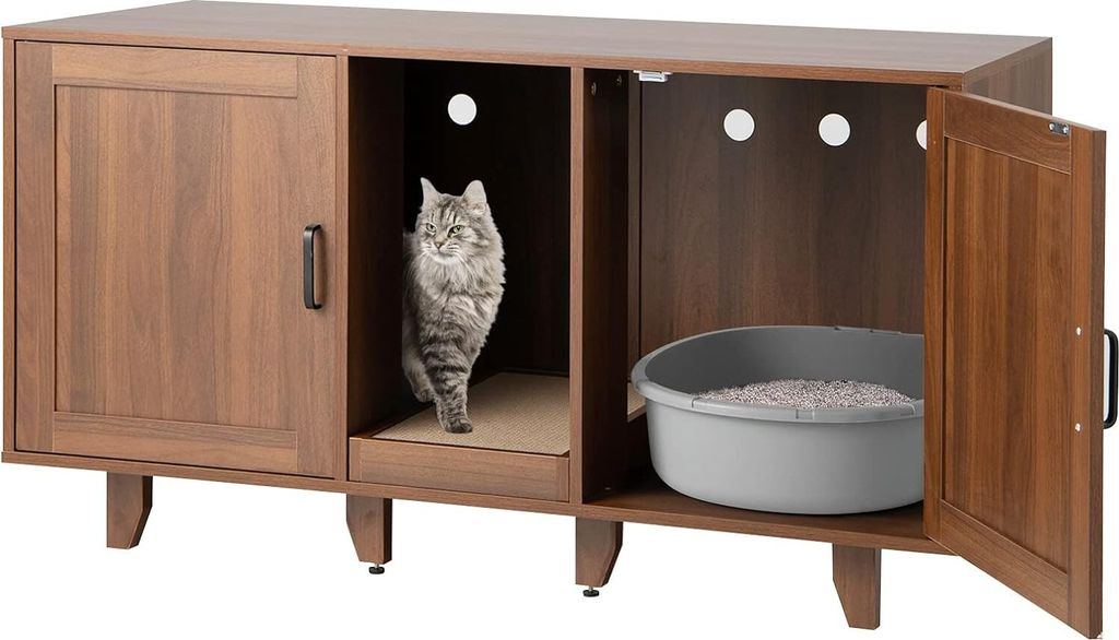 GOPLUS 3 in 1 Katzenschrank, Katzentoilette mit 2 Türen & abnehmbaren Beinen & herausnehmbarem Kratzbrett, Katzenhöhle Beistelltisch TV-Ständer ...