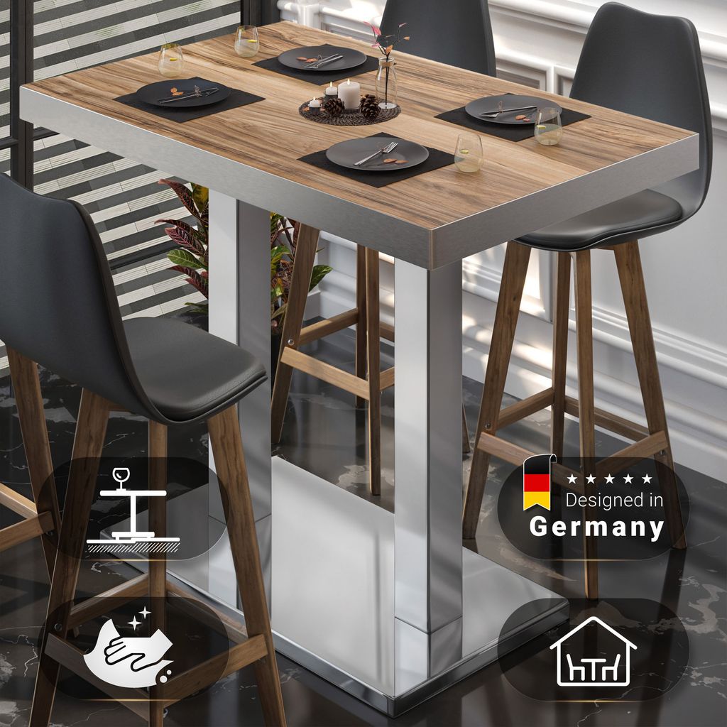 BM | Bistro Stehtisch | 110 x 60 x 110 cm | Rechteckig | Edelstahl Rand | Sheesham / Edelstahl | Gastro Steh Tisch Restaurant