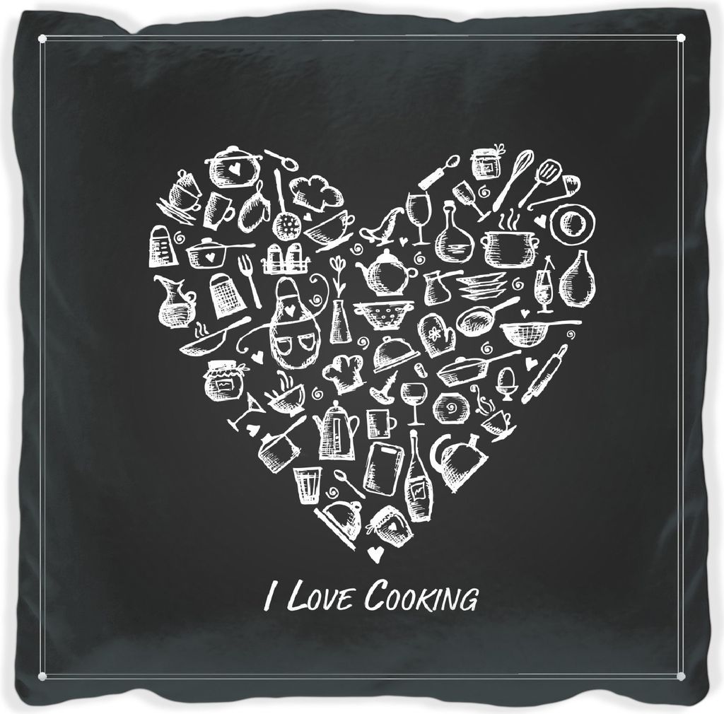 Wallario Premium Kissen, weiche Oberfläche, mit Motiv I Love Cooking - Herz aus Küchenutensilien in schwarz weiß, Größe: 40 x 40 cm, mit weiß...