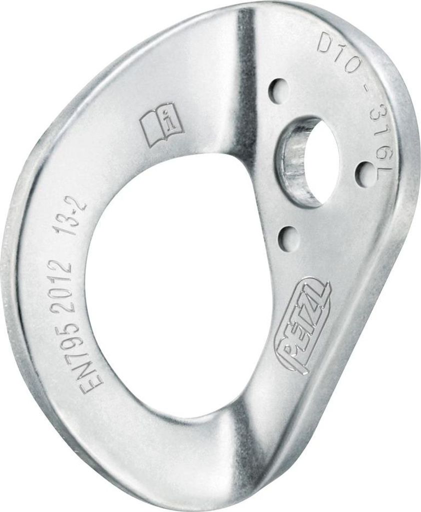 Bohrhakenlasche 'Coeur Stainless' von Petzl; aus Edelstahl; mit ovaler Form und einem Loch zur Befestigung.