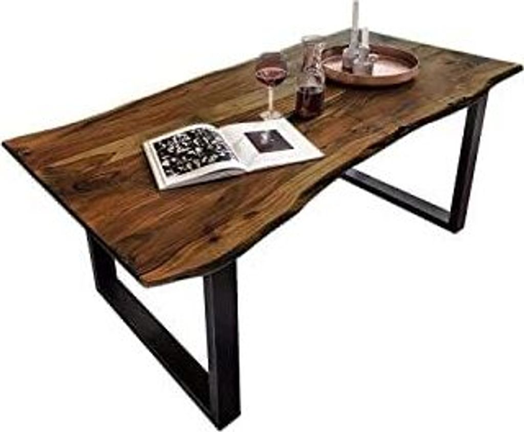 Esszimmertisch 300x100 cm Quinn, echte Baumkante, nussbaumfarben, massiver Esstisch aus Akazienholz, Metallbeine Schwarz, Baumkantentisch