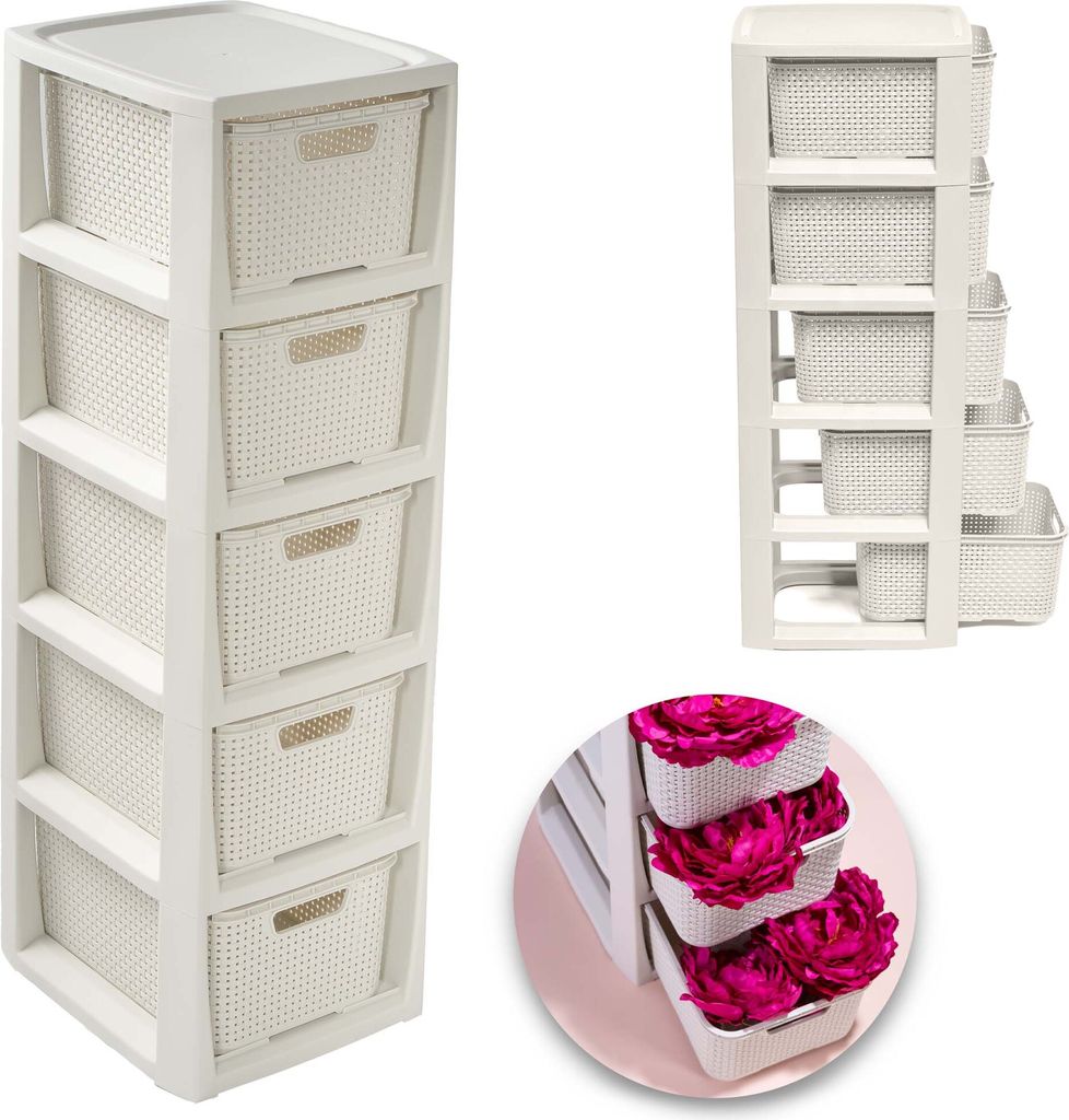 Regal in Rattan Design 5 Körben Ständer für das Bad Schränke 5x7 L