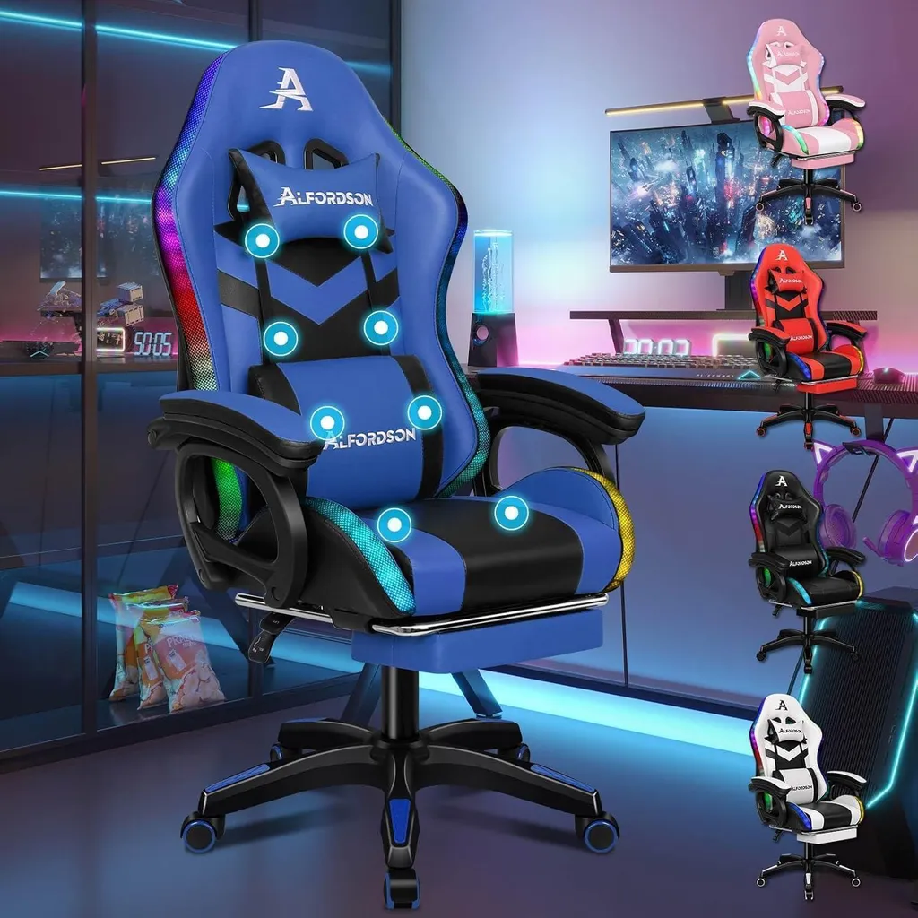 Fini le mal de dos : Chaise Gaming Ergonomique, Massage et LED, Bleu