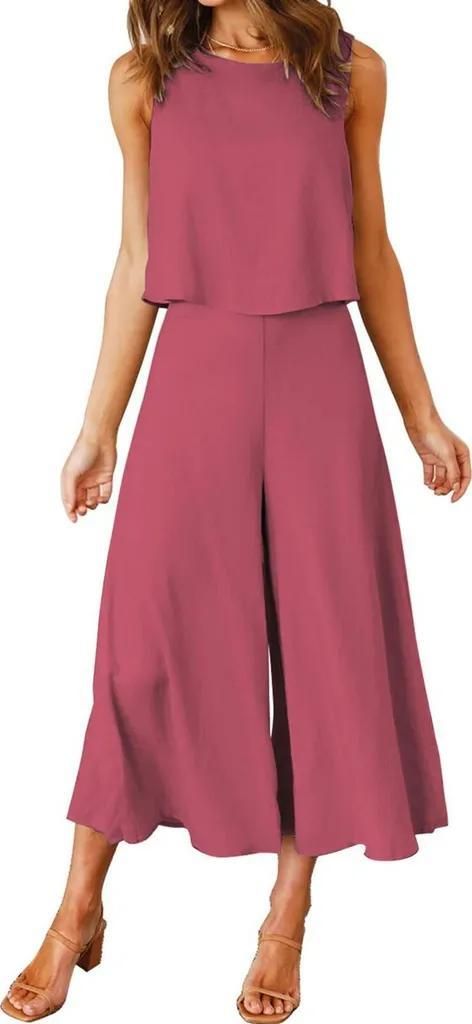 ASKSA Damen 2 Teiliges Outfit Sommer Ärmellos Rundhals Tank Top Weite Beinhose Freizeitanzug Zweiteiler, Fuchsie, S