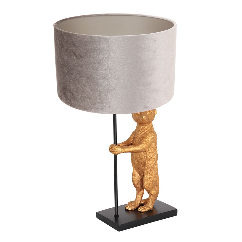 Steinhauer Tischleuchte Animaux 1-flammig Mattschwarz mit goldenen Details und grauen Schirm 30x30cm